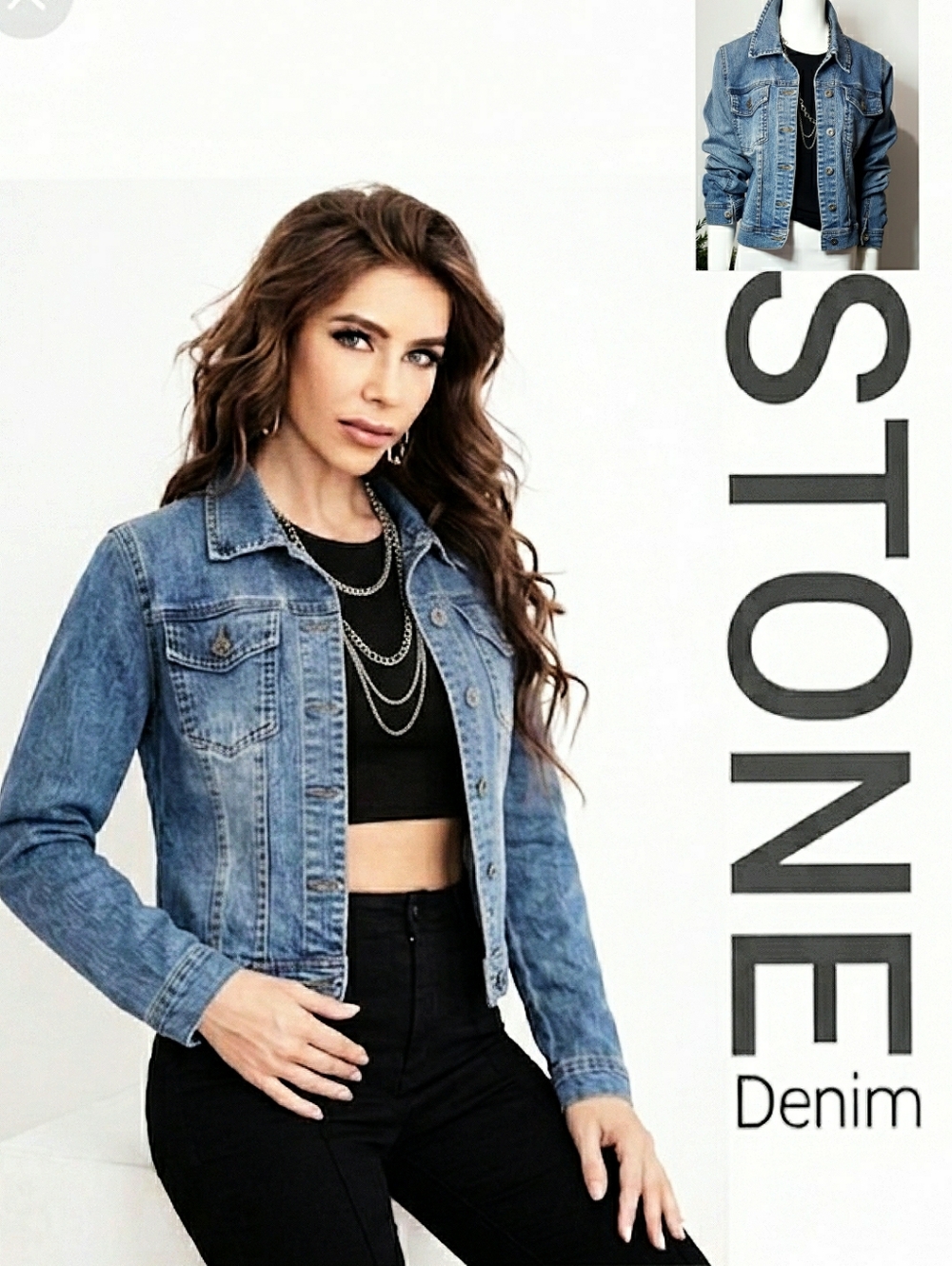 STONE💝 Blue Medium Washed Denim Crop Jacket